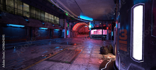 Cyberpunk city street. 3D illustration. Futuristic city at night. Cityscape with colorful neon lights. Grunge urban landscape.
