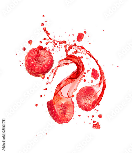 Obraz na plátně Juice splashes out from cutted raspberries on a white background