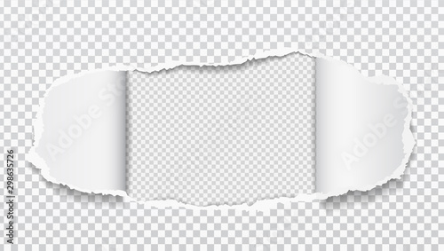 Torn realistic paper hole on squared transparent background. Vector illustrations