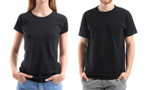 Young people in stylish t-shirts on white background