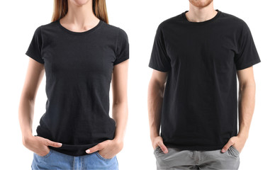 Young people in stylish t-shirts on white background