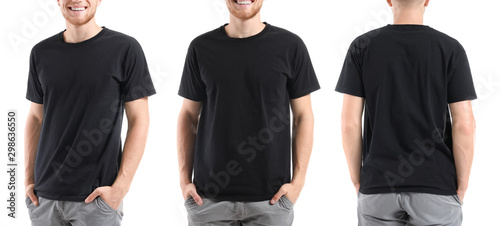 Collage with man in stylish t-shirt on white background