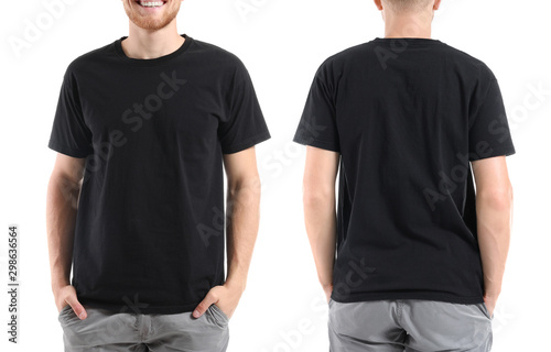 Man in stylish t-shirt on white background. Front and back view