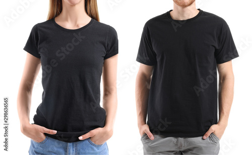 Young people in stylish t-shirts on white background