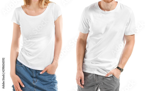 Young people in stylish t-shirts on white background