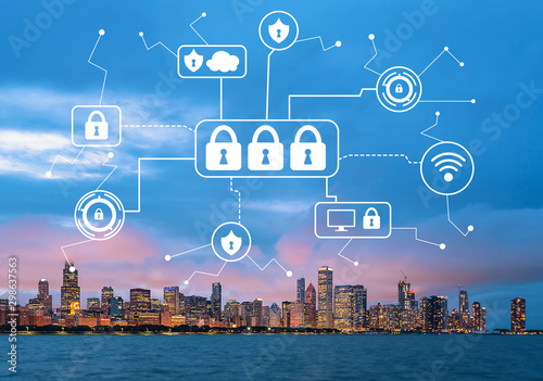 Cyber security theme with downtown Chicago cityscape skyline with Lake Michigan