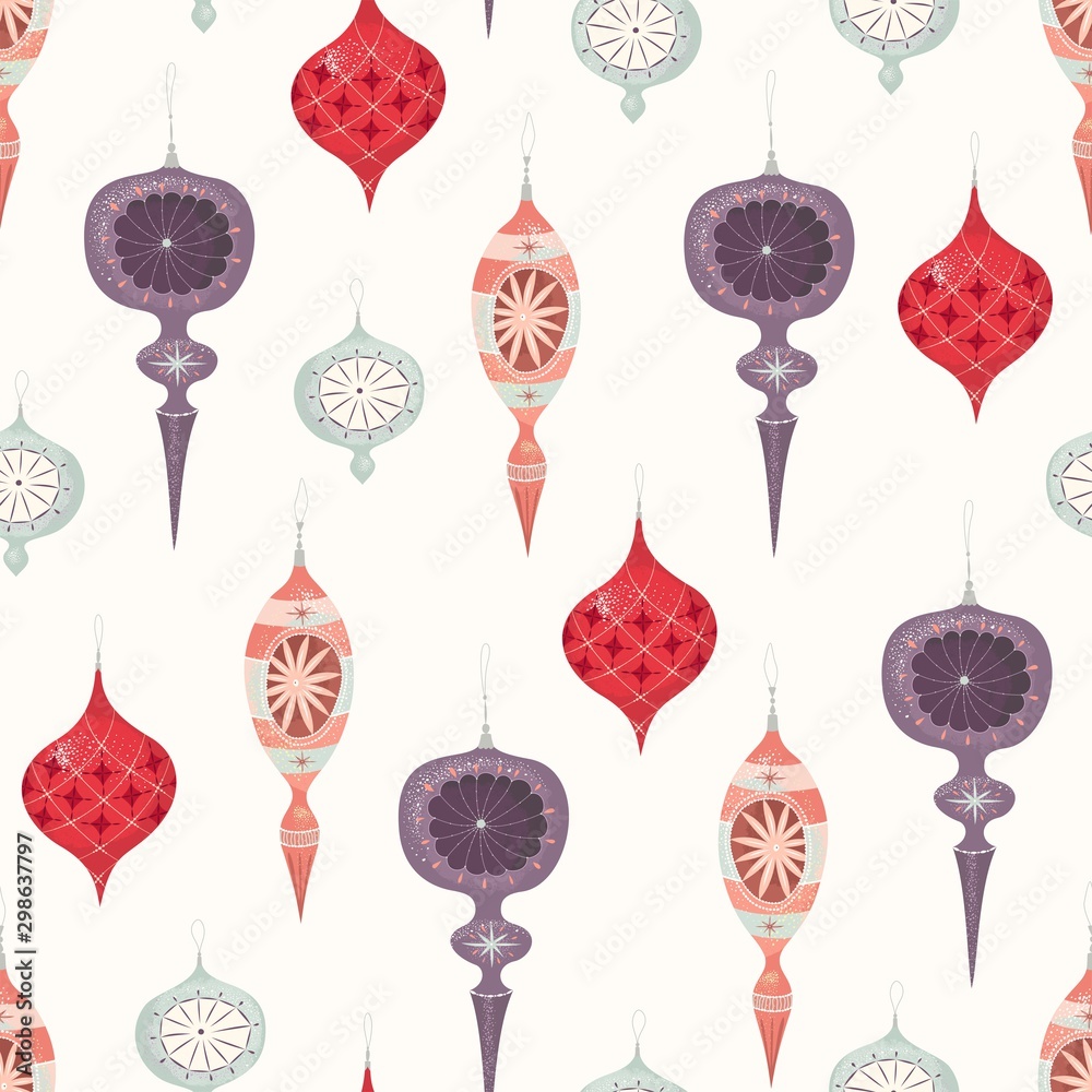 Christmas vintage seamless pattern with retro balls, vector holiday background in flat style for fabric, textile, wrapping paper, wallpaper.