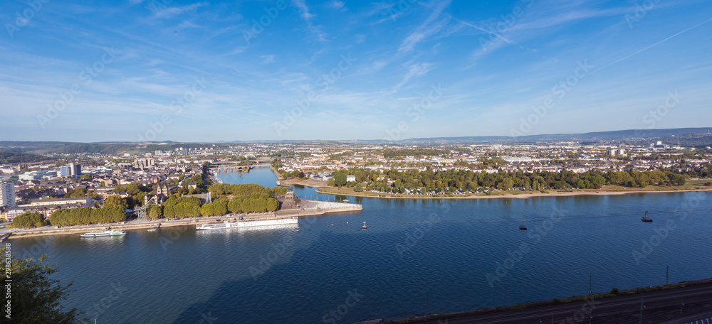 Deutsches Eck, German Corner, the confluence of the Rhine and Moselle rivers with the equestrian statue of Kaiser Wilhelm in Koblenz, Rhineland-Palatinate, Germany, Europe