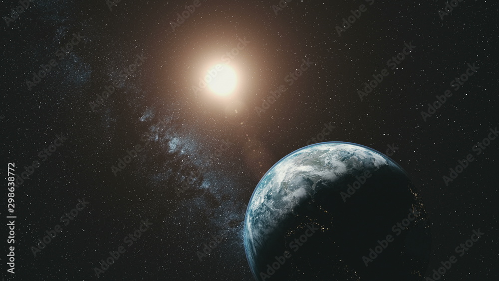 Earth Orbit Rotation Sun Beam Milky Way Background. Dark Outer Space Starry  Galaxy Cosmos Constellation Travel Universe Exploration Concept 3D Animation  Stock Illustration | Adobe Stock