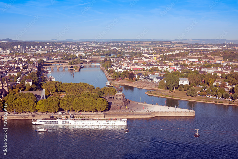 Naklejka premium Deutsches Eck, German Corner, the confluence of the Rhine and Moselle rivers with the equestrian statue of Kaiser Wilhelm in Koblenz, Rhineland-Palatinate, Germany, Europe