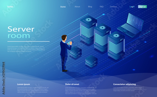 Male character engineer in data center room. Datacenter isometric vector illustration.