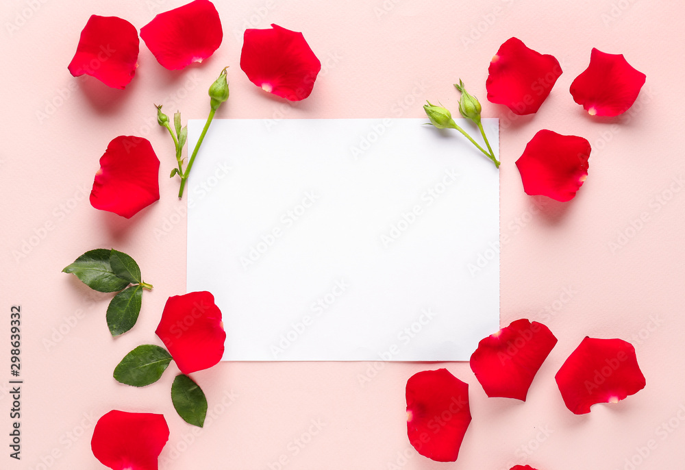 Blank card and beautiful rose petals on color background Blank card and beautiful rose petals on color background
