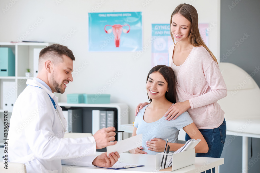 Lesbian couple visiting male gynecologist in clinic