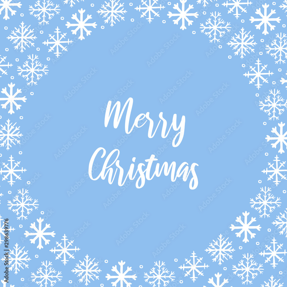 Vector winter frame background with white hand drawn snowflakes on blue background. Merry Christmas hand lettering text. Winter, New Year design element, square template for greeting card, poster Vector winter frame background with white hand drawn snowflakes on blue background. Merry Christmas hand lettering text. Winter, New Year design element, square template for greeting card, poster
