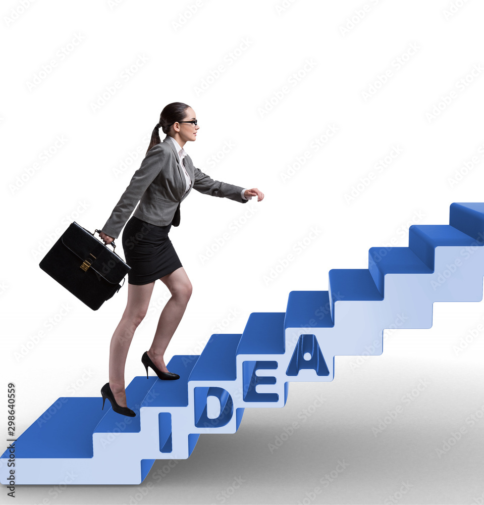 Concept of idea with businesswoman climbing steps stairs Concept of idea with businesswoman climbing steps stairs