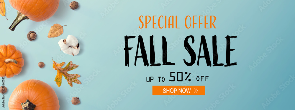 Fall sale banner with autumn pumpkins with leaves - obrazy, fototapety, plakaty 