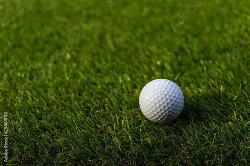 Golf ball on the green,Green grass with golf ball close-up in soft focus at sunlight. Sport playground for golf club concept - wide landscape as background for your lettering about golf playing.