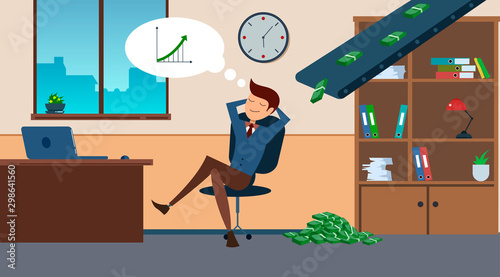 Satisfied businessman sitting confidently dangling his leg with a lot of dollar banknote falling down from the conveyor.