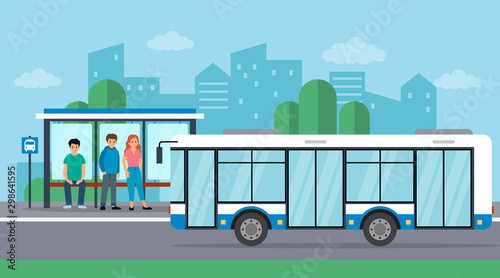 People are waiting for the bus at the bus stop. The bus is arriving. Flat style.