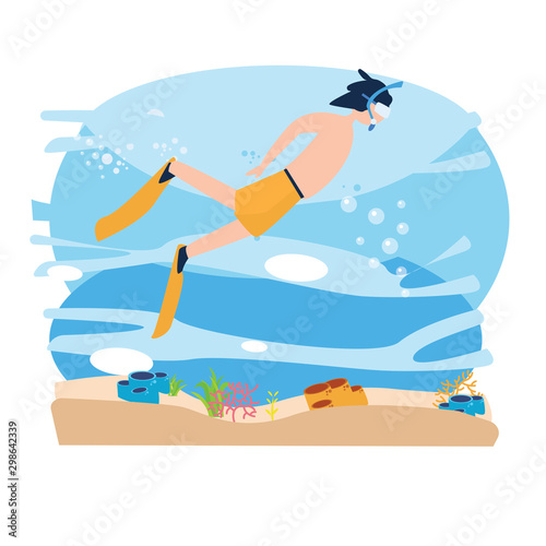 Boy Character Underwater Diver on Ocean Bottom with Corals, Man in Bikini with Snorkel, Flippers and Mask. Active Recreation, Vacation Pastime, Leisure Activity. Cartoon Flat Vector Illustration