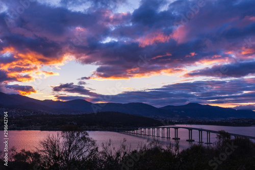 Tasman Bridge view during sunset from Rosny Hill, Tasmania, Australia photo