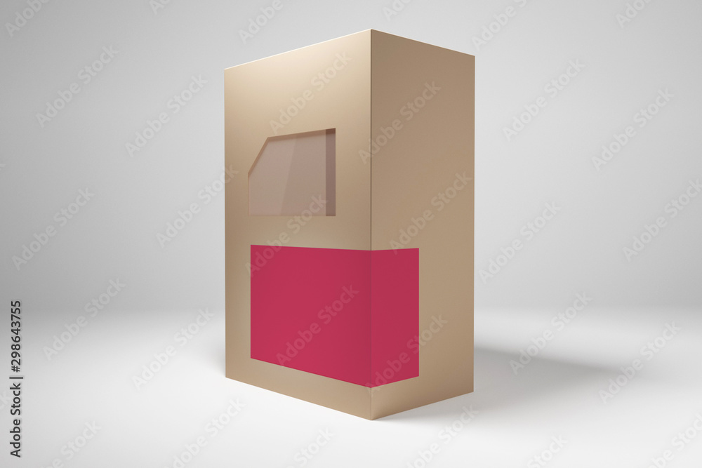 Obraz premium Rectangular cardboard box with a window and crimson label. 3D render