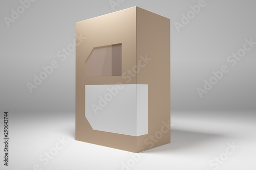 Rectangular cardboard box with a window and label. 3D render