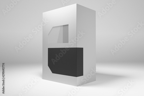 Rectangular white cardboard box with a window and label. 3D render