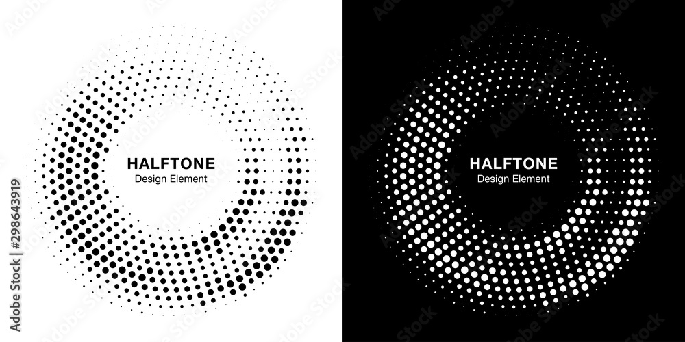 Halftone circle dotted frame circularly distributed. Vector dots logo emblem design set. Round border Icon using random halftone circle dot raster texture. Half tone circular background pattern.