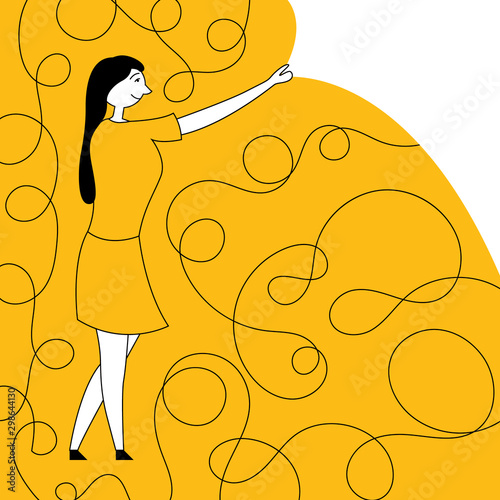 Girl starts life from scratch. Welter. New Year new life. New Year's promises. Planning for the future. Inspired atmosphere Yellow black colors. Vector
