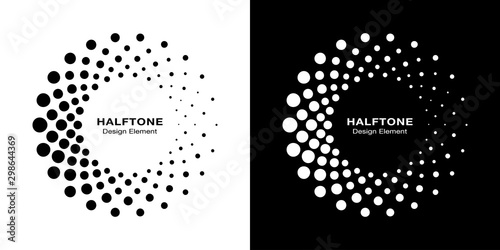 Halftone circular dotted frames set. Circle dots isolated on the white background. Logo design element for medical, treatment, cosmetic. Round border using halftone circle dots texture. Vector bw.
