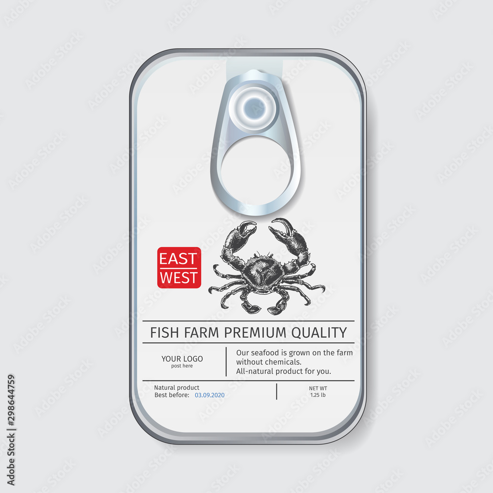 Naklejka premium Packaging for seafood. Label for boxing natural products. Crab meat.