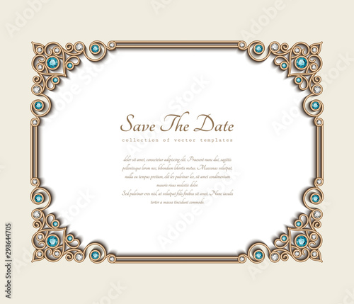 Vintage photo frame, save the date card with jewellery corner patterns, jewelry gold decoration with diamonds and emerald gems, wedding invitation template with place for text