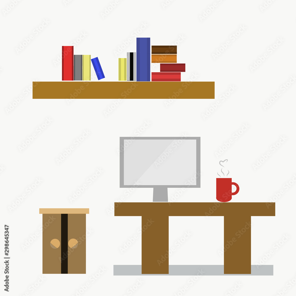 Computer and hot of red coffee cup on wooden table and filing cabinet. Group of books on shelf on white background. Interior decoration room illustration concept.