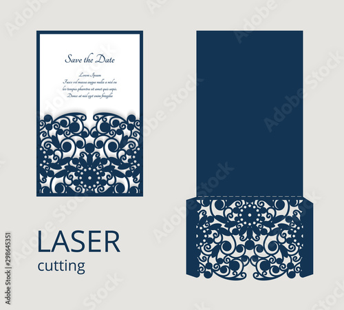 Cutout envelope for wedding invitation card with lace border ornament. Template for laser cutting. Place for text.