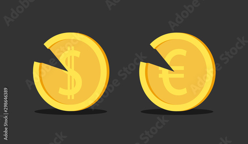 Inflation and currency loss of value - degradation, deterioration, derease, devaluation, depreciation and worsening of coin. Money is devalued by cutting. Vector illustration.