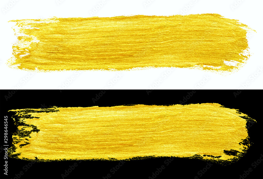 yellow gold colored doodle smear stroke isolated on black and white backgrounds, hand-drawn golden acrylic paint brush, abstract festive texture, stock photo illustration