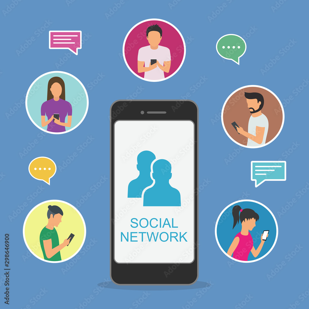 Social Network Vector Concept. Flat Design Illustration for Web Sites Infographic Design. Communication Systems and Technologies. Mobile Phones Social Network Vector Concept. Flat Design Illustration for Web Sites Infographic Design. Communication Systems and Technologies. Mobile Phones