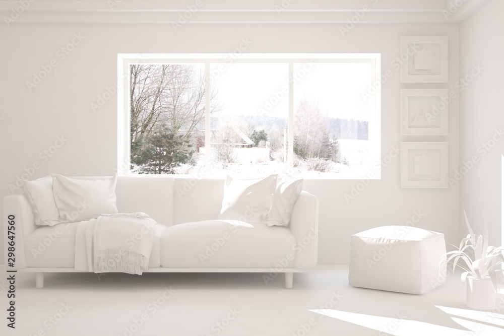 Mock up of stylish room in white color with sofa and winter landscape in window. Scandinavian interior design. 3D illustration Mock up of stylish room in white color with sofa and winter landscape in window. Scandinavian interior design. 3D illustration