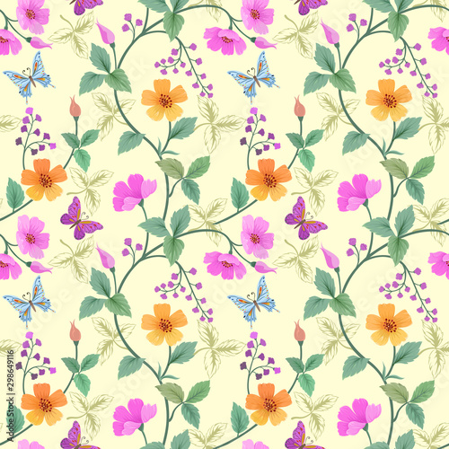 Hand drawn colorful flowers and butterfly pattern.