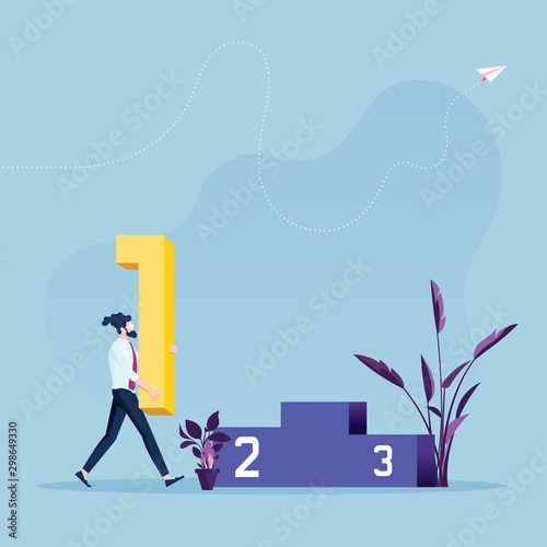 Businessmen walking to podium and holding number one sign - Conceptual for winning