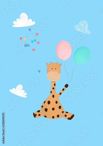 Cute giraffe with balloon in a beautiful sky hand drawn cartoon illustration watercolor background.