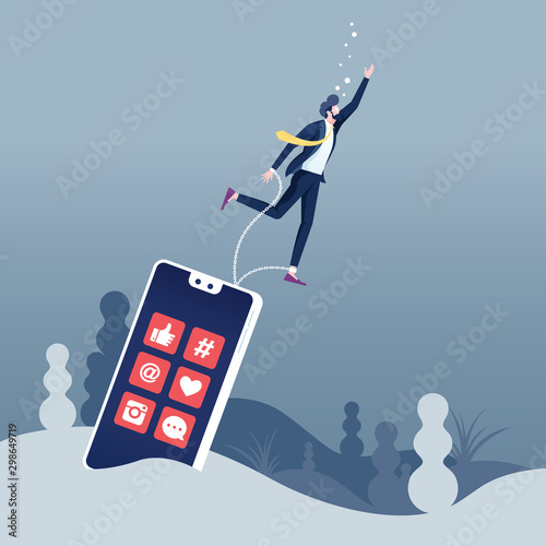 Social media addiction concept-Businessman drowning chained with smartphone