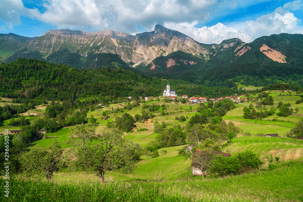 Stunning summer alpine landscape with Dreznica village, Slovenia, Europe