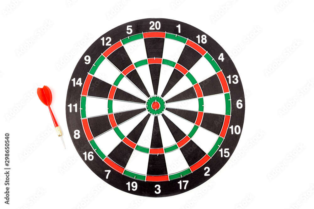 Dartboard with red dart arrow on white background Dartboard with red dart arrow on white background
