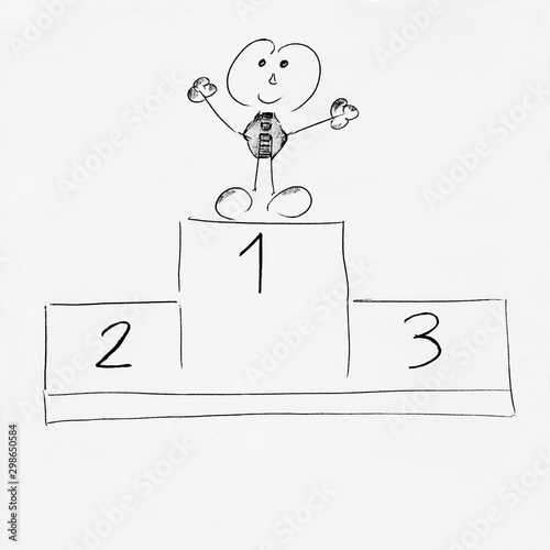 Stick figure winner on a winner's pedestal - Drawing