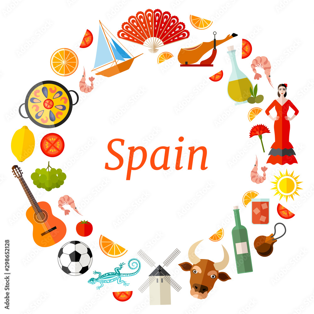 Fototapeta premium Round frame made from traditional symbols of Spain. Vector wreath with place for text. Template that theme travel to Spain.