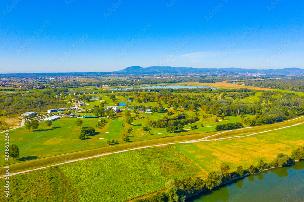 Obraz premium Aerial drone view of green nature in golf club, sunny summer day, Zagreb, Croatia 