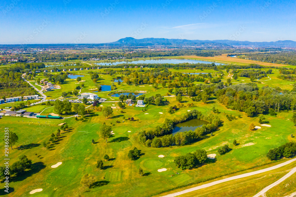 Aerial drone view of green nature in golf club, sunny summer day, Zagreb, Croatia