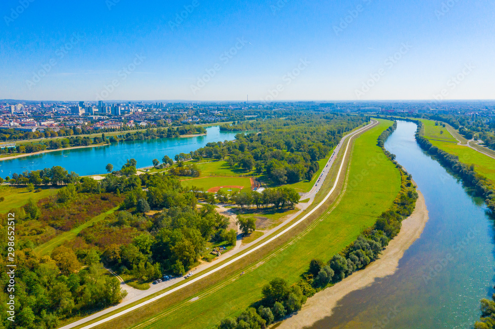 Aerial drone panoramic view of beautiful Jarun lake, sunny summer day, Zagreb, Croatia